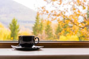 Cup Of Tea In Front Of Window With Autumn View.